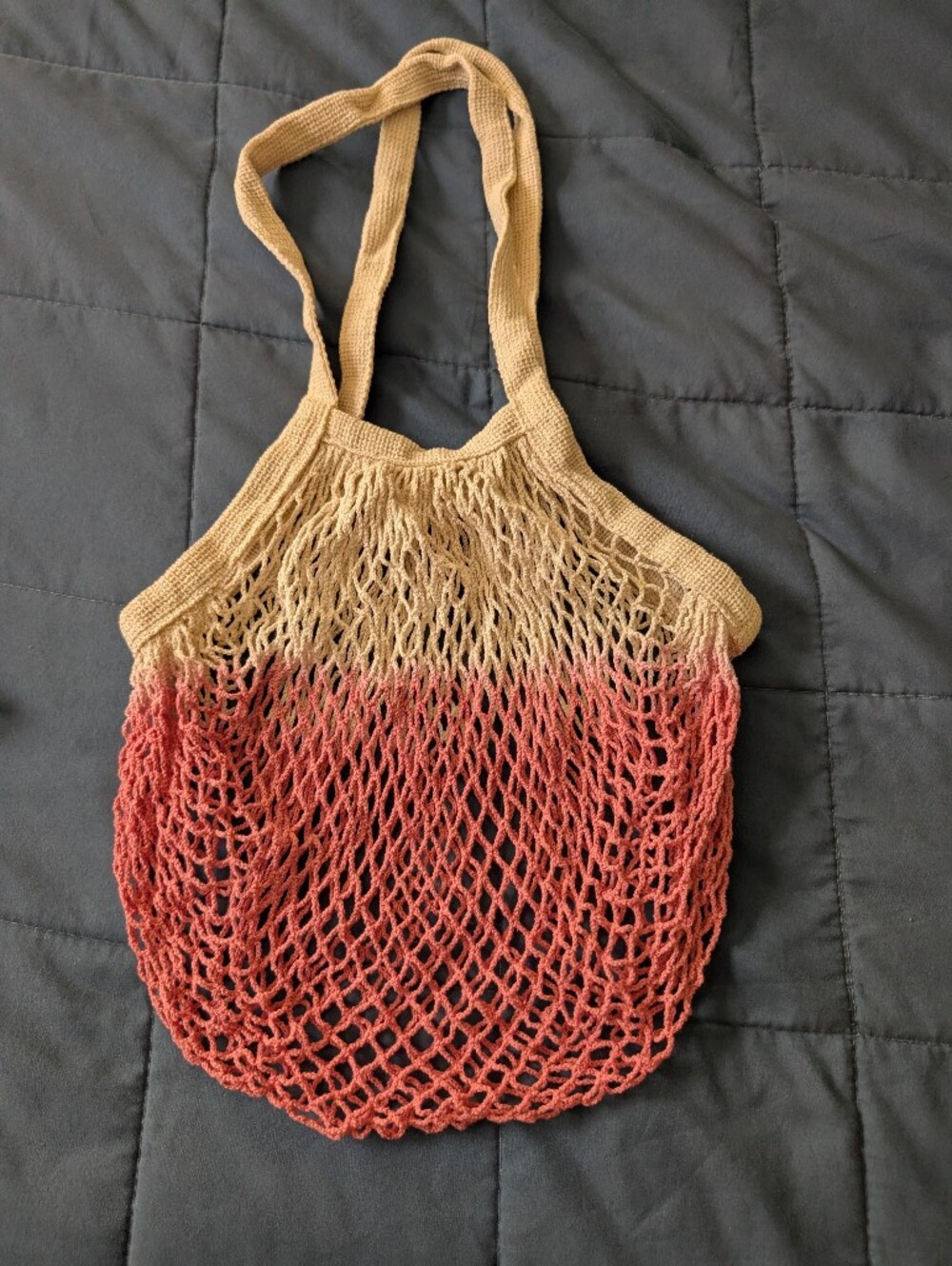Beige & Coral Mesh Tote Bag - Breathable Beach Market Bag